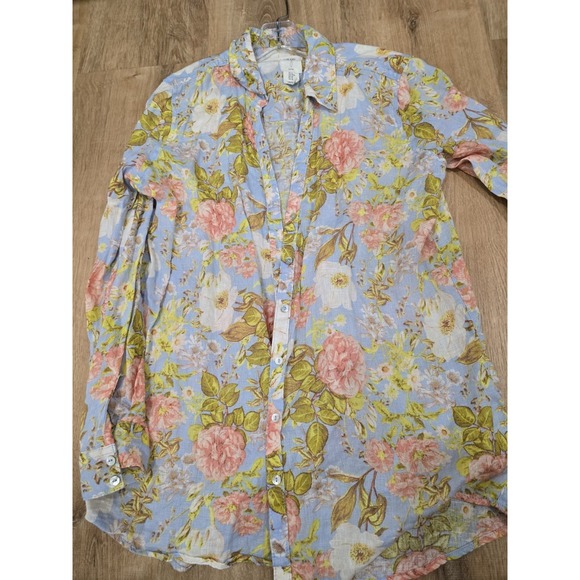 Joie M 100% Linen Long Sleeve Button-Up Shirt Blouse Blue Pink Floral Print... - Picture 7 of 11